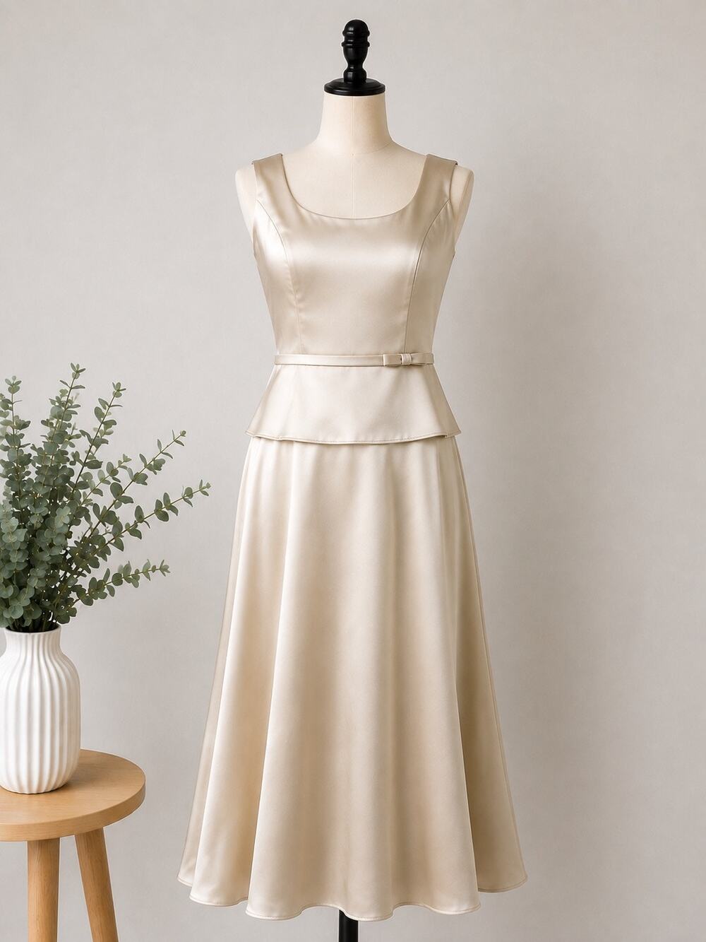 Vintage Priscilla of Boston Champagne Satin Peplum Formal Gown Size 8